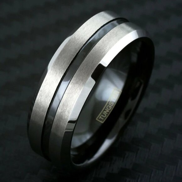 POWERFUL TWO-TONE SILVER BRUSHED FINISH TUNGSTEN RING W/ BLACK RECESSED STRIPE - Picture 2 of 3
